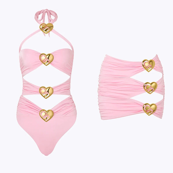2026 Sexy Heart Cut out One Piece Swimsuit and Skirt Swimwear Women Bodysuit Monokini High Leg Swim Suit Bathing Suit Beachwear