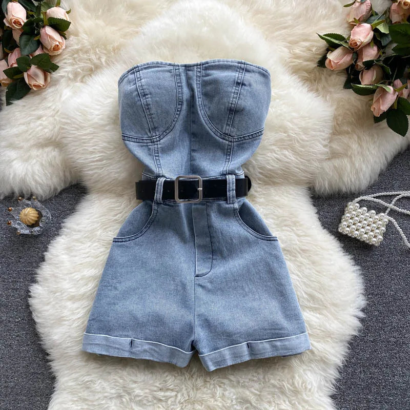 Petra High-Waist Denim Shorts Jumpsuit One-piece
