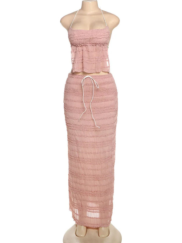 Oksana Sheer Crinkle Mesh Halter Lace-Up Crop Top & Maxi Skirt Two-piece