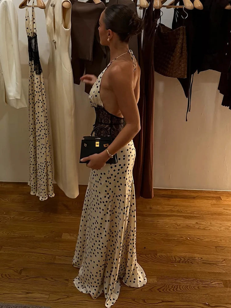 Cecelia Noir Lace Polka Halter Maxi Dress