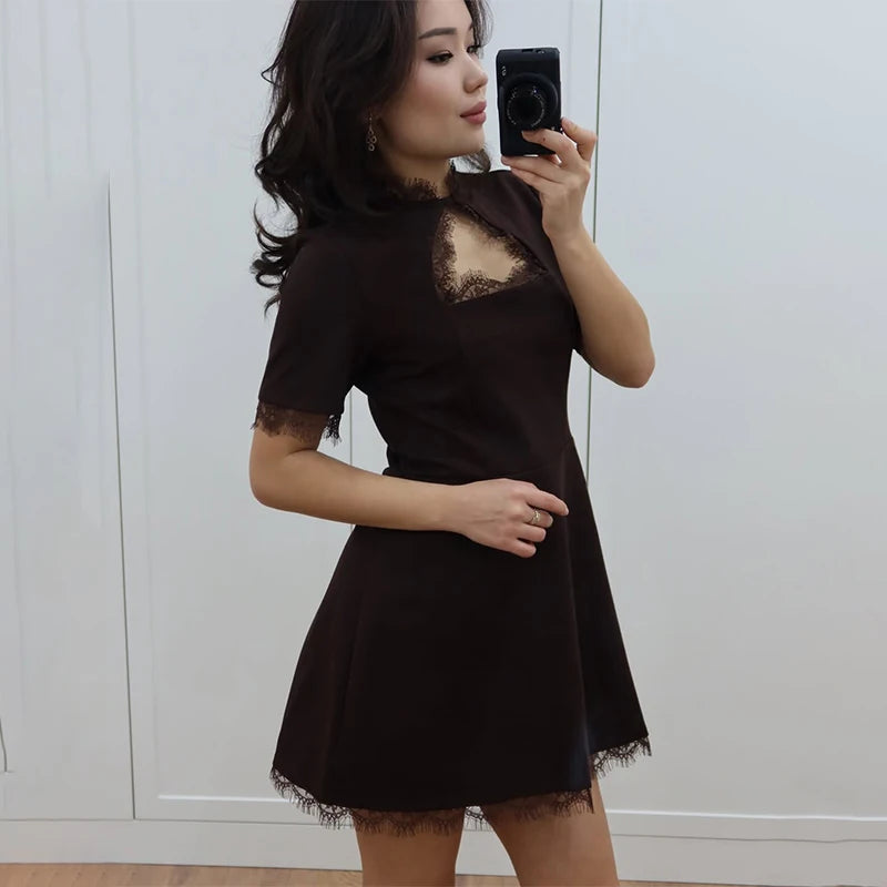 Nadine Lace-Paneled Stand-Collar Mini Dress