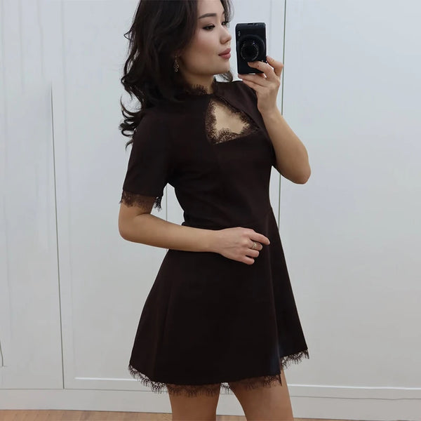 Nadine Lace-Paneled Stand-Collar Mini Dress