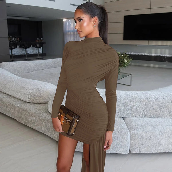 Kaia Ruched Turtleneck Long-Sleeve Mini Dress