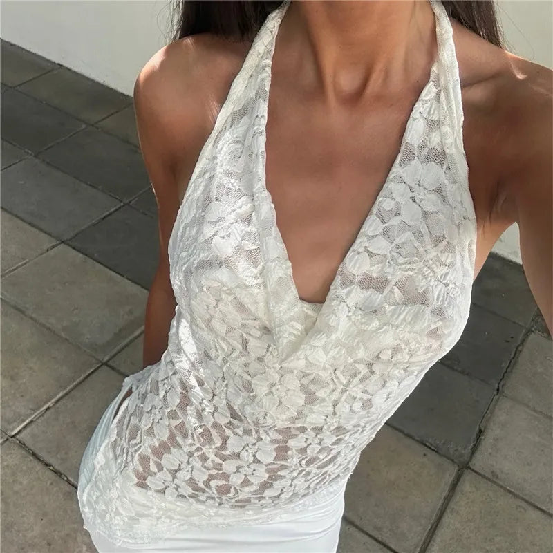 Vera Lace Halter Cowl-Neck Asymmetric Mesh Slim Cami Top