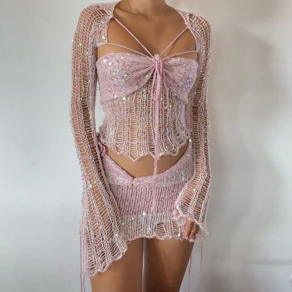 Marisela Sequin Crochet Knit Tie-Front Crop Top & Mini Skirt Two-piece