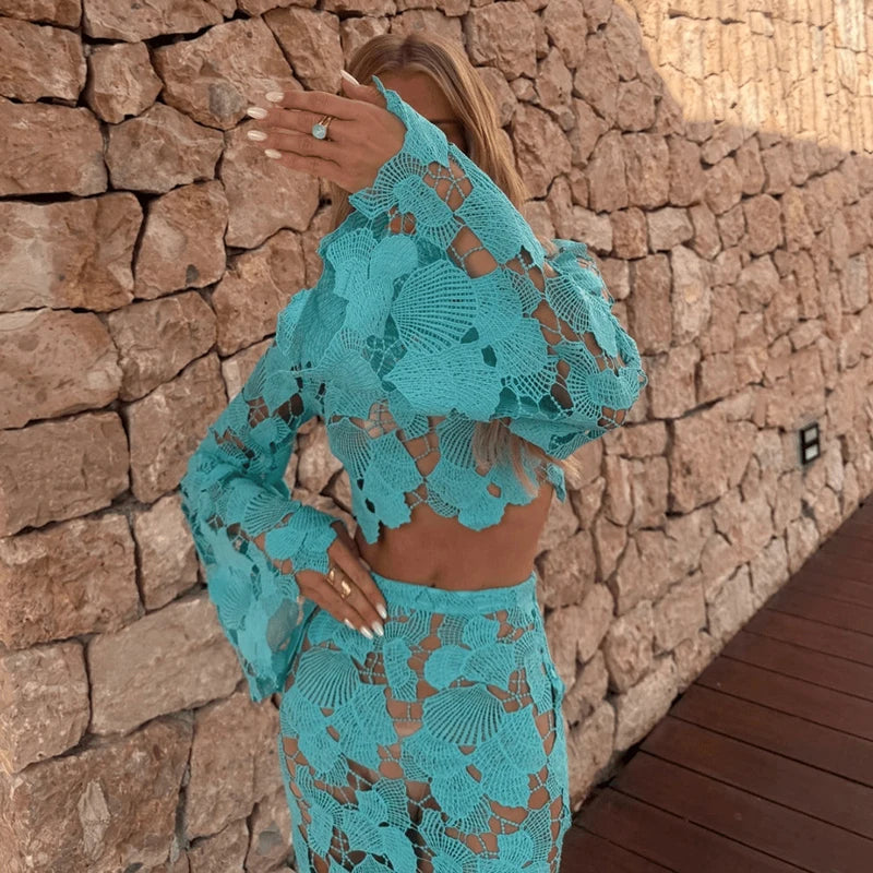 Yolande Lace Bell-Sleeve Crop Top & Mermaid Maxi Skirt Two-piece