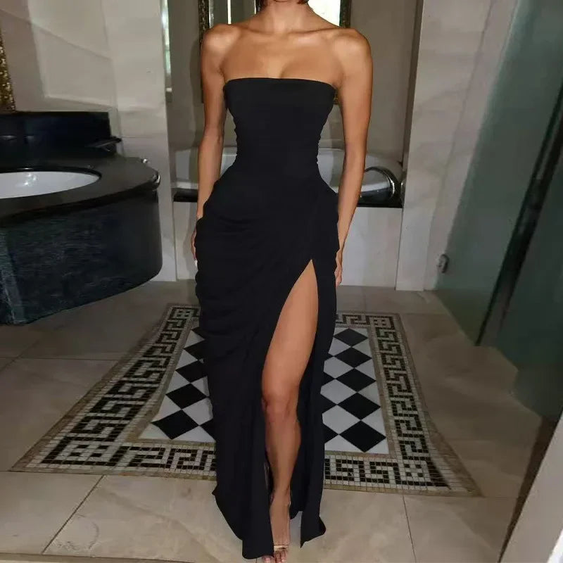 Elise Strapless Pleated Slit Maxi Dress