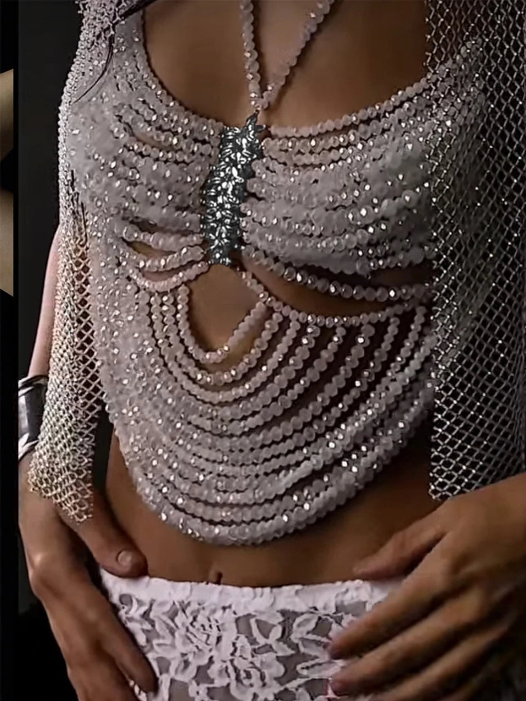 Elara Rhinestone Beaded Halter Crop Top