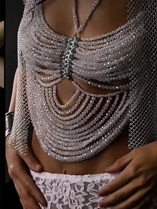 Elara Rhinestone Beaded Halter Crop Top