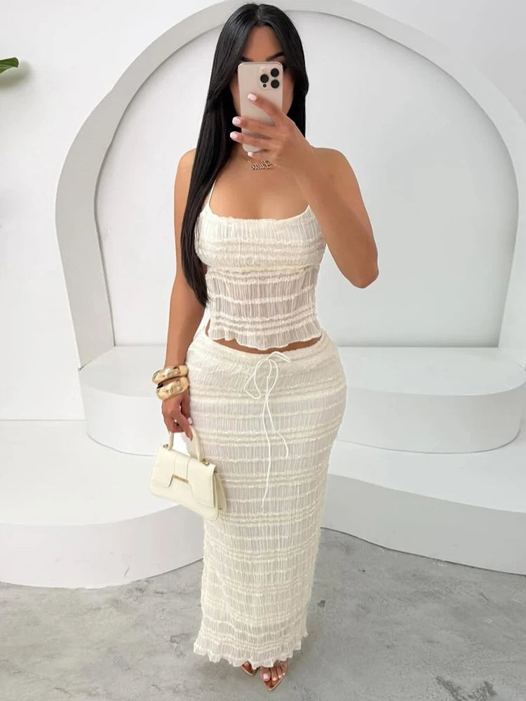 Oksana Sheer Crinkle Mesh Halter Lace-Up Crop Top & Maxi Skirt Two-piece