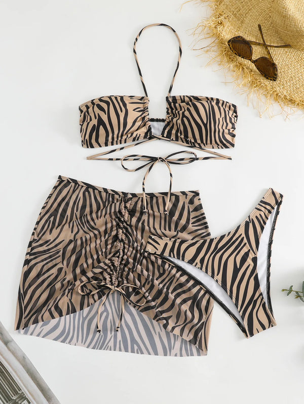 Vigorashely 2025 Sexy Leopard 3 Piece Mesh Skirt Bikini Set Women Swimsuit Halter Push UP Swimwear Backless Summer Bathing Suit