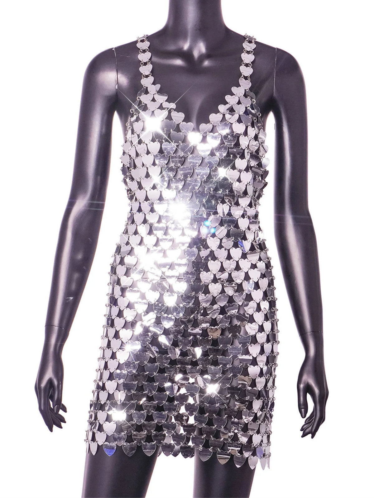 Rubina Heart Metal Sequin See-Through Backless Lingerie Slip Mini Dress