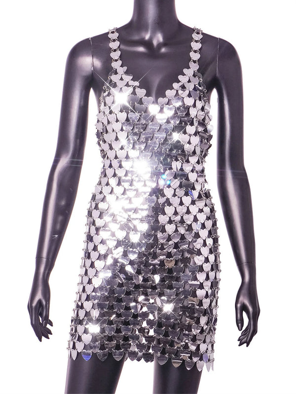 Rubina Heart Metal Sequin See-Through Backless Lingerie Slip Mini Dress