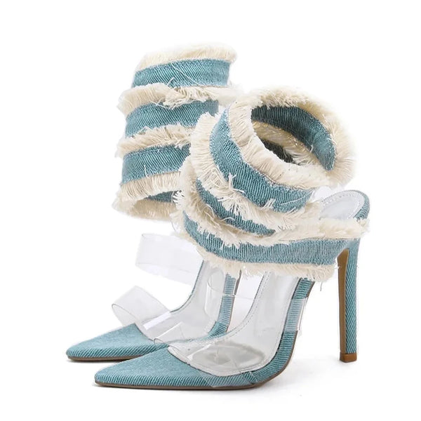 Liyke 2025 New Design Denim Ankle Snake Surround Strap Sandal Women Transparent PVC Summer High Heels Party Stripper Shoes Pumps
