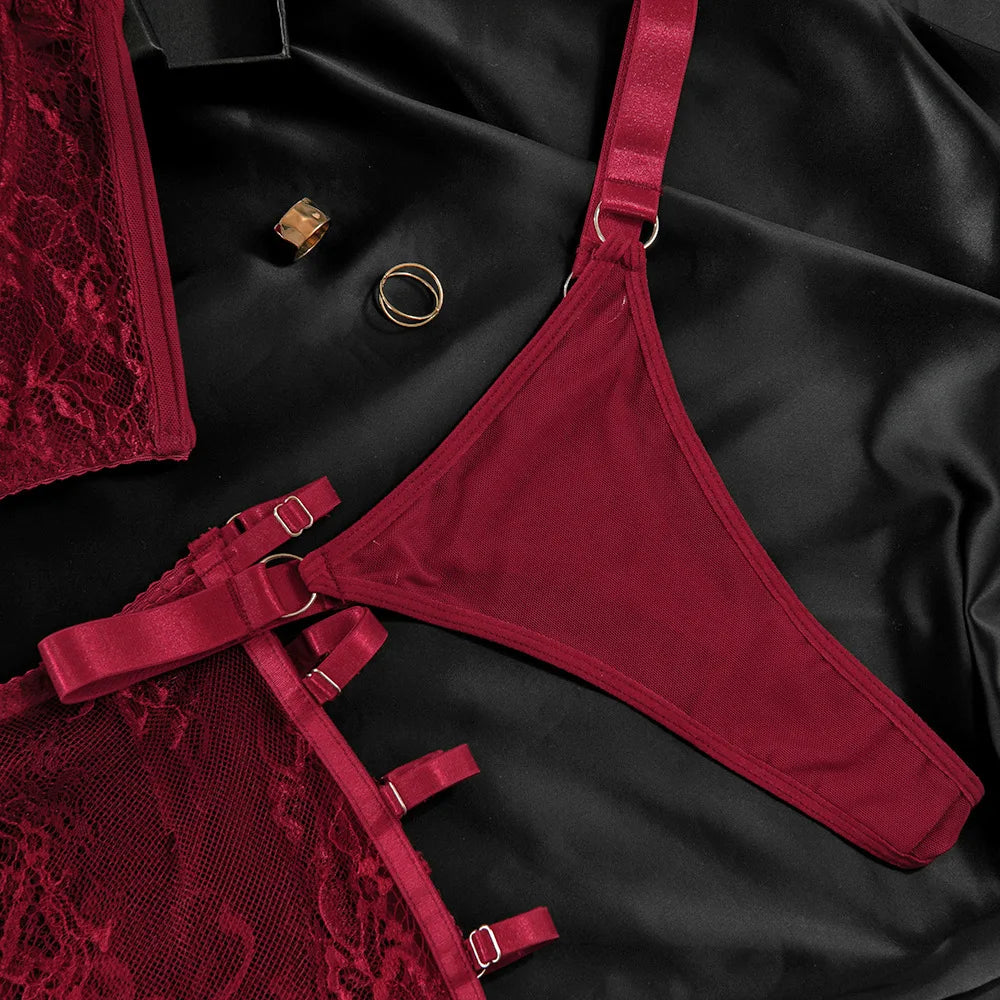 Severine Lace Longline Bra & Buckle-Strap Mini Skirt Lingerie Set