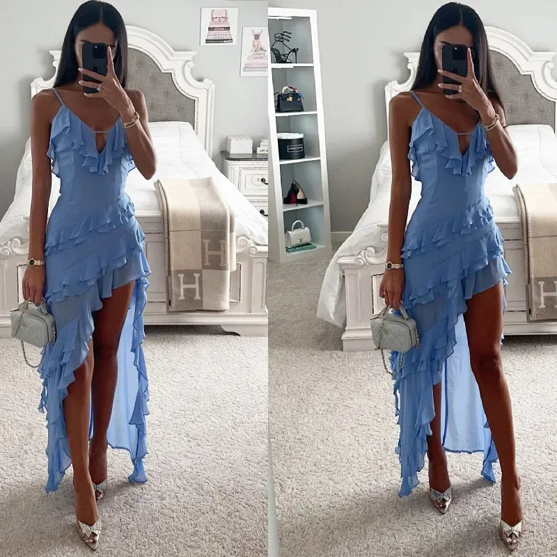 Skye Blue Ruffle Asymmetrical Midi Dress