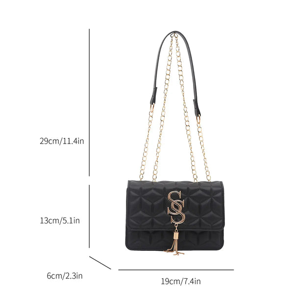 Fashionable Small Fragrant Style Argyle Quilted Small Square Bag Metal Letter Tassel Diagonal Cross Bag Commuter Shoulder Bag