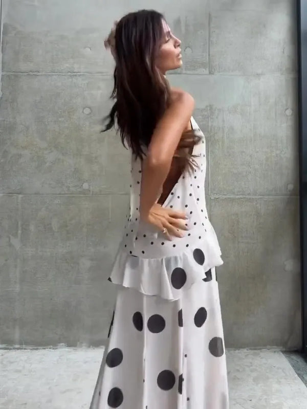 Cambria Polka-Dot Flowy Halter Maxi Dress