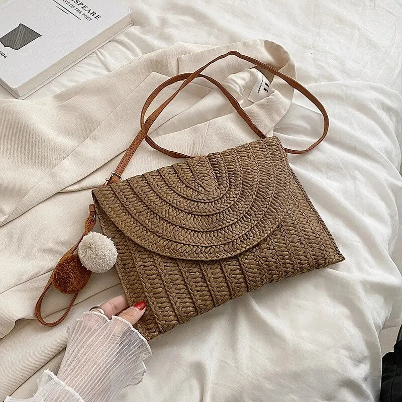 Soleil Woven Straw Envelope Crossbody Bag