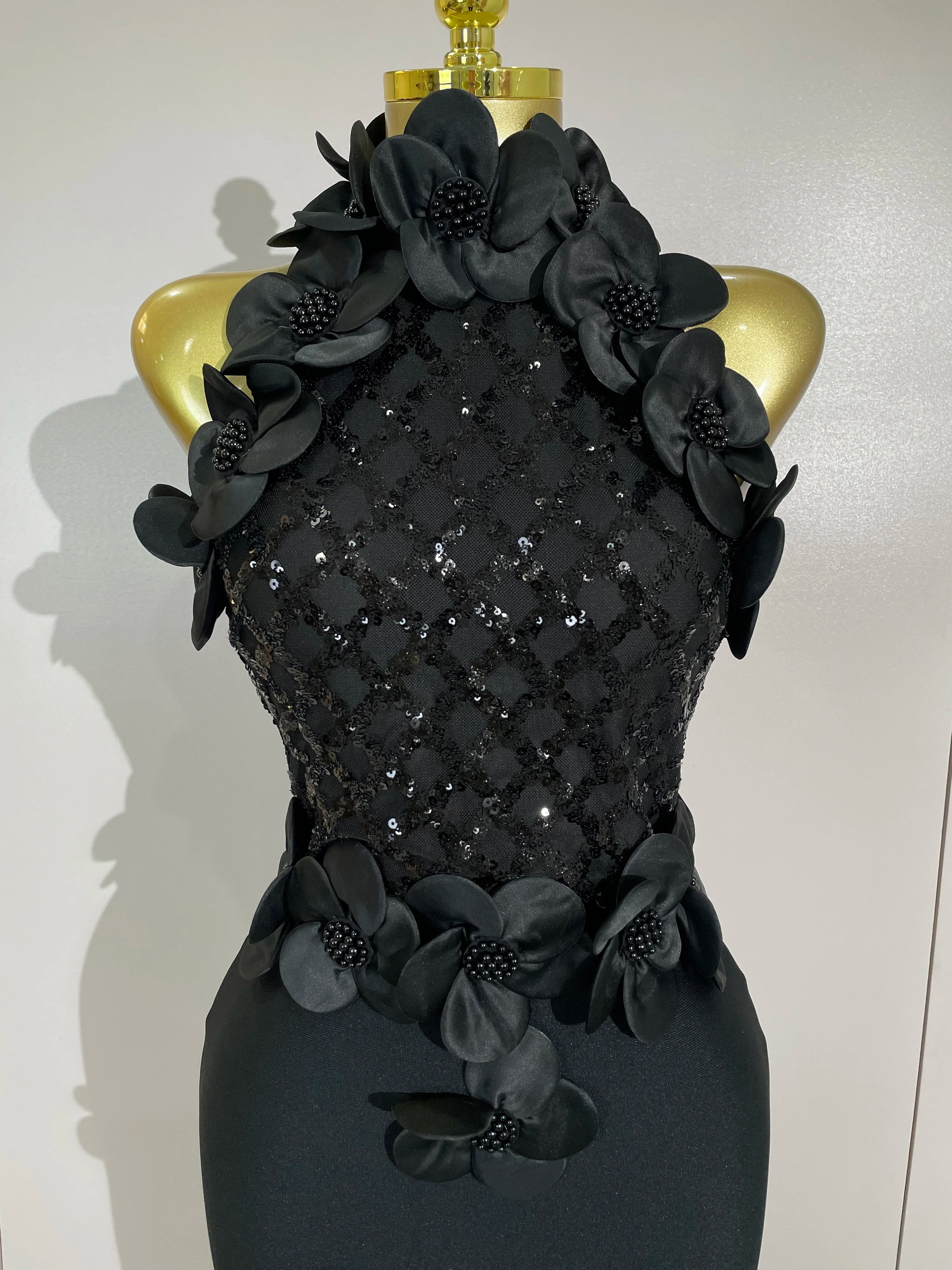 Winona Beaded Floral Mesh Bandage Maxi Dress
