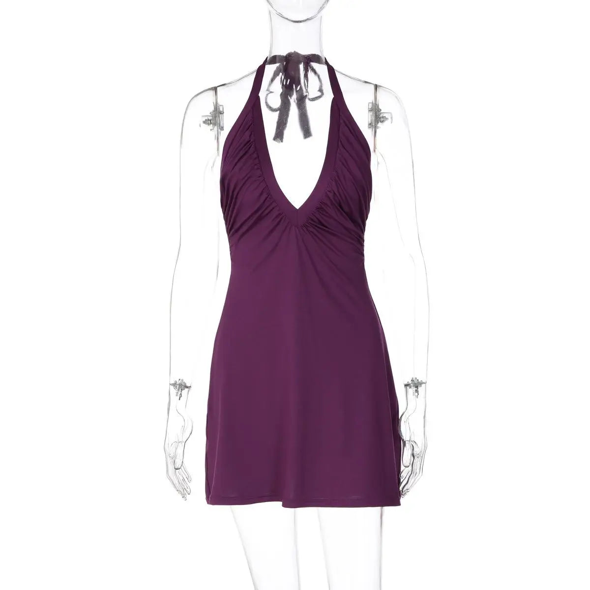Nyla Deep-V Pleated Halter Mini Dress