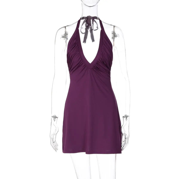 Nyla Deep-V Pleated Halter Mini Dress