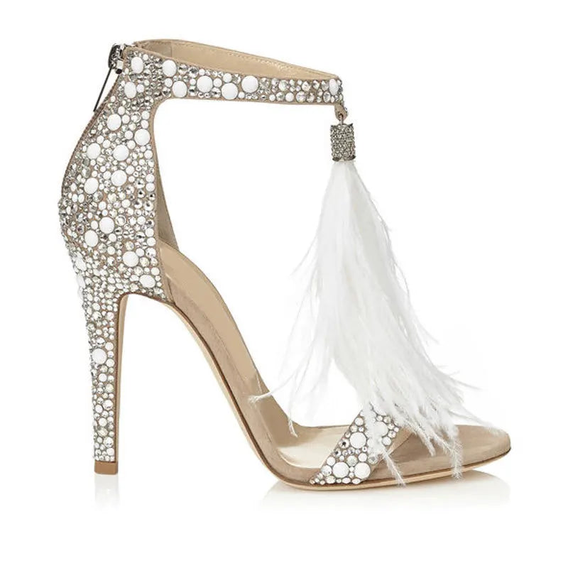Women Sandals Summer Sexy Pumps Rhinestone Zipper Feather High Heel Apricot Women Wedding Pumps Shoes Size 34-43
