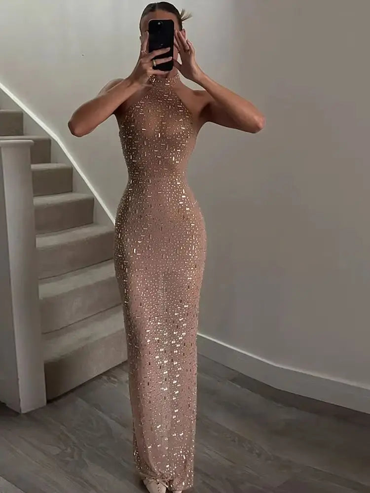 Giselle Sequin-Appliqué Halter Bodycon Maxi Dress
