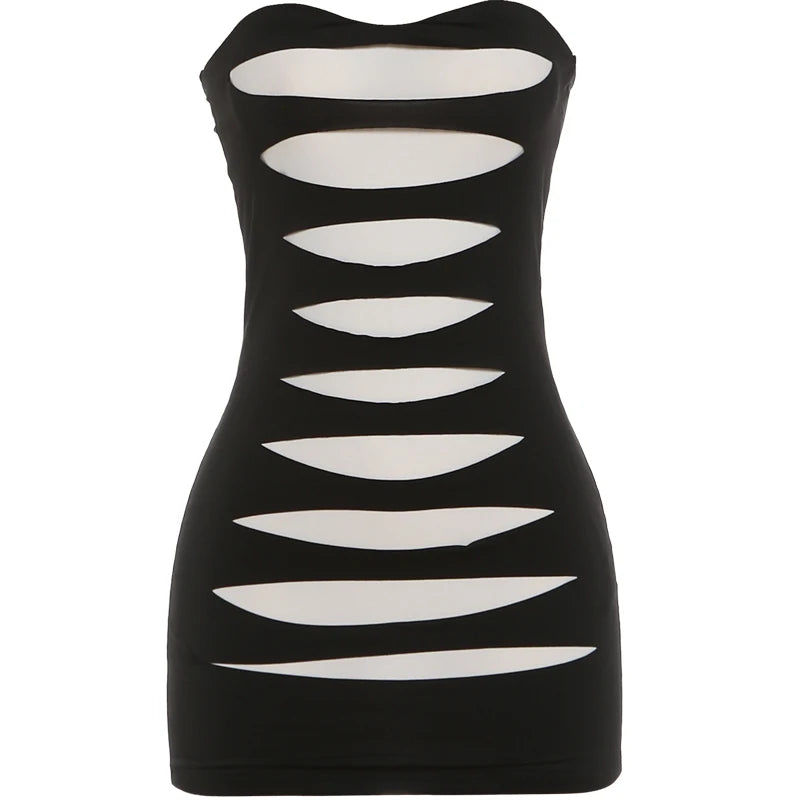 Nibber Skinny Patchwork Hollow Mini Dress Woman Sexy Wrap Chest Backless Sleeveless Peach Hip Evening Club Party Fashion Bodycon
