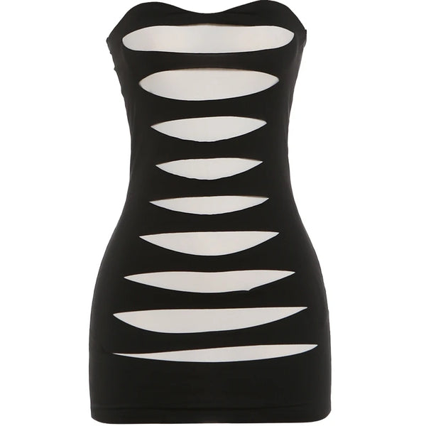 Nibber Skinny Patchwork Hollow Mini Dress Woman Sexy Wrap Chest Backless Sleeveless Peach Hip Evening Club Party Fashion Bodycon