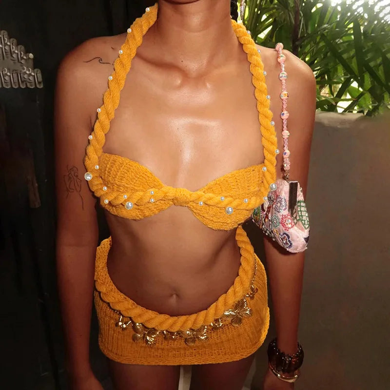 hirigin Pearls Twist Knitted Summer Beach 2 Piece Set Chic Women Strapless Halter Lace Backless Crop Tops + Bodycon Mini Skirts