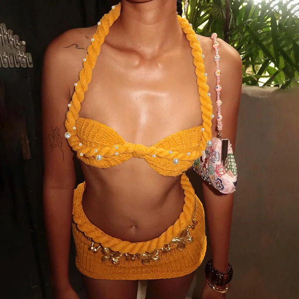 hirigin Pearls Twist Knitted Summer Beach 2 Piece Set Chic Women Strapless Halter Lace Backless Crop Tops + Bodycon Mini Skirts