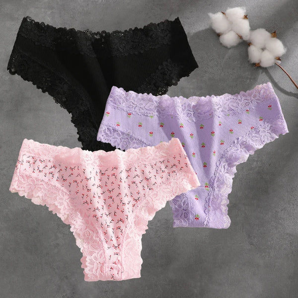 Brielle Floral Lace Bikini Panty Pack Lingerie 3-piece