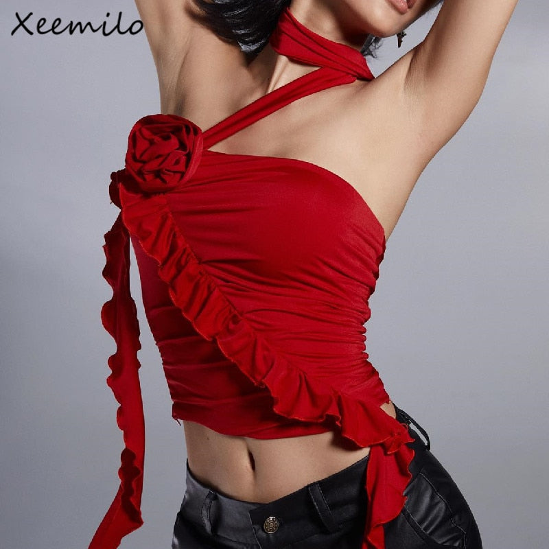 Xeemilo Y2K Strapless Ruffles Tube Tank Top Sexy Solid Pleated Bandage Backless Crop Tops Women Streetwear Cute Vintage Camisole