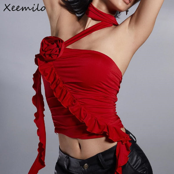 Xeemilo Y2K Strapless Ruffles Tube Tank Top Sexy Solid Pleated Bandage Backless Crop Tops Women Streetwear Cute Vintage Camisole