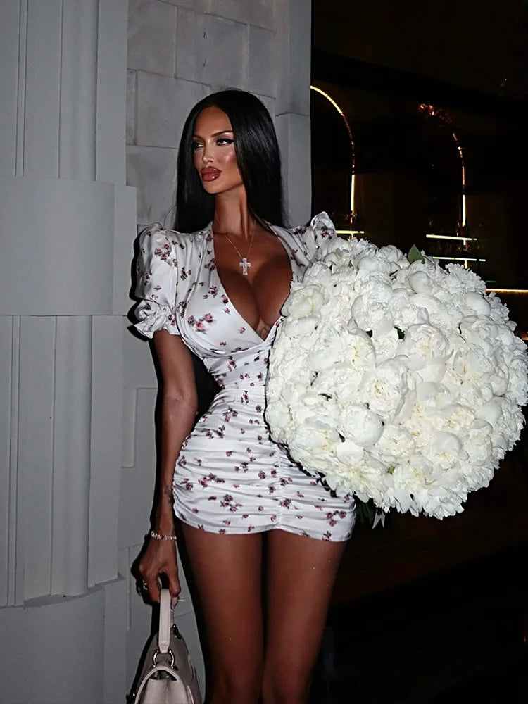 Rosaura Floral Puff-Sleeve V-Neck Ruched Bodycon Mini Dress