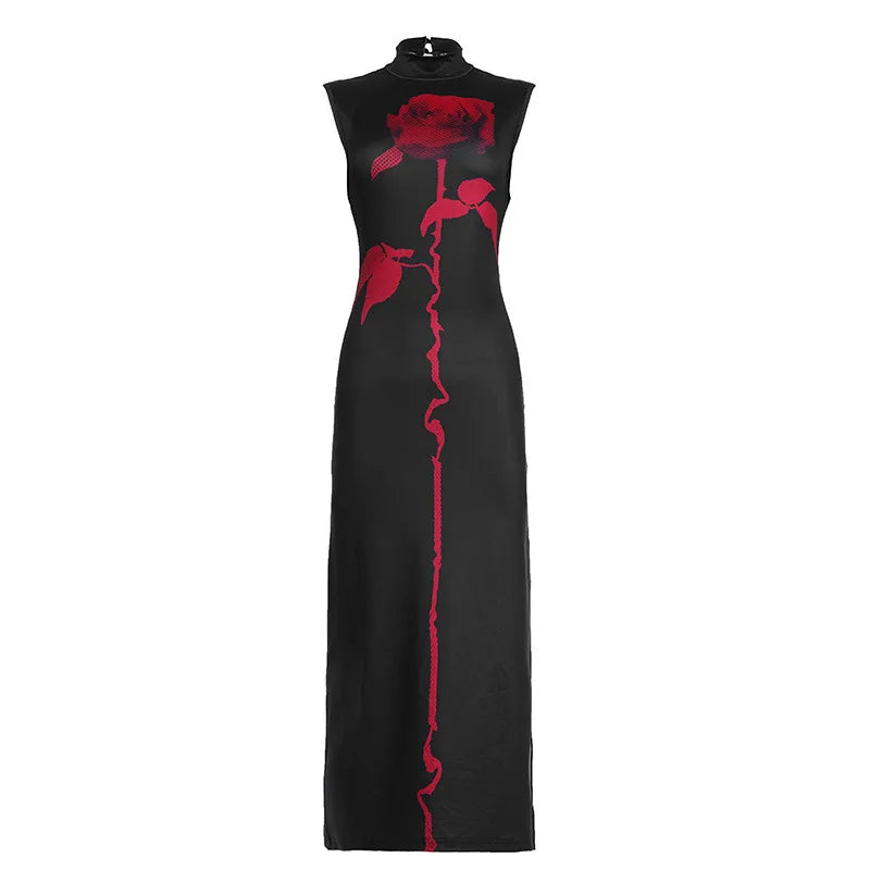 PixieKiki Rose Print Black Gothic Dress Dark Academia Sleeveless Backless High Split Long Dresses Woman Clothes P65-EE24