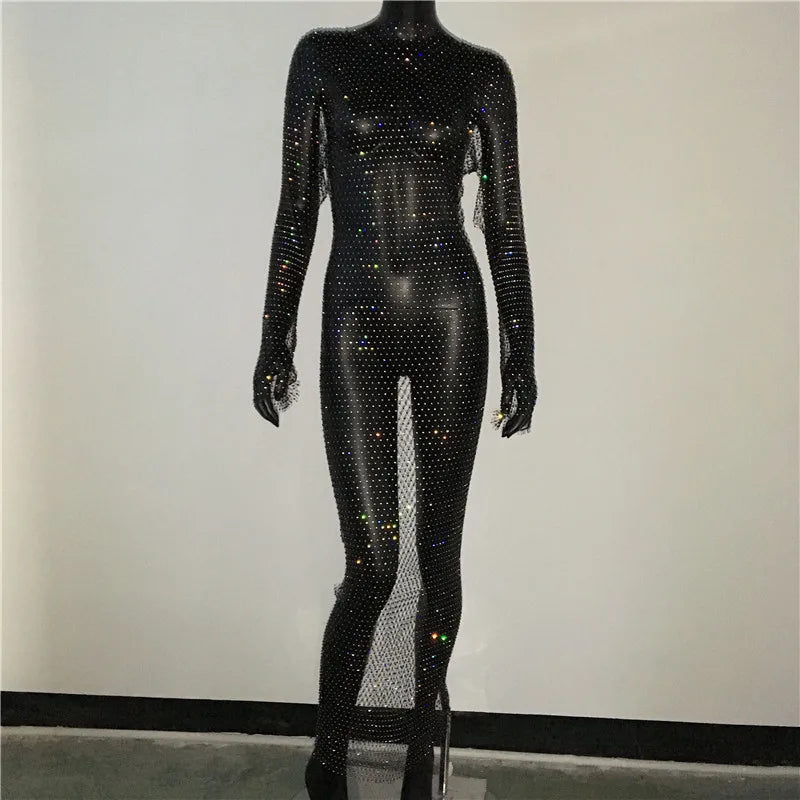 Celestine Rhinestone Fishnet Long-Sleeve Beach Cover-Up One-piece