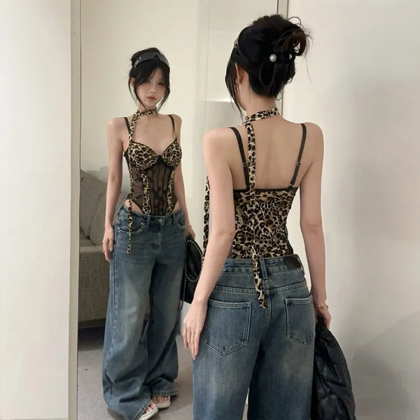 Philippine Sheer Mesh Leopard Corset Cami Top with Suspender Straps One-piece