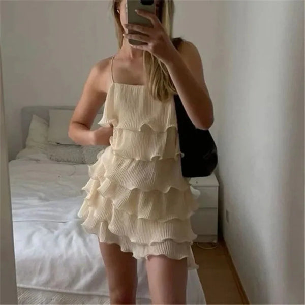 hirigin Women Summer Sleeveless Spaghetti Strap Dress Solid Color Chiffon Tiered Ruffled Mini Party Dress Vacation Streetwear