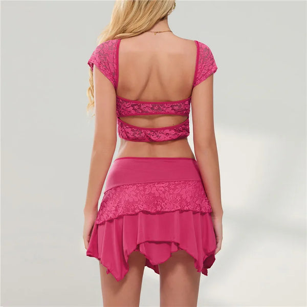 hirigin Women Lace Patchwork Skirt Sets 2Pcs Suit Bandage Sexy Metal Ring Cami Tops + Asymmetric Ruched Mini Short Skirt Outfits