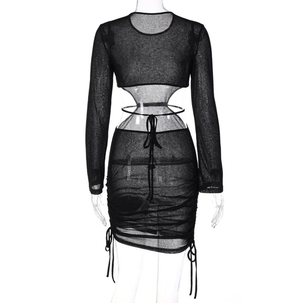 Maven Sheer-Mesh Ruched Long-Sleeve Mini Dress