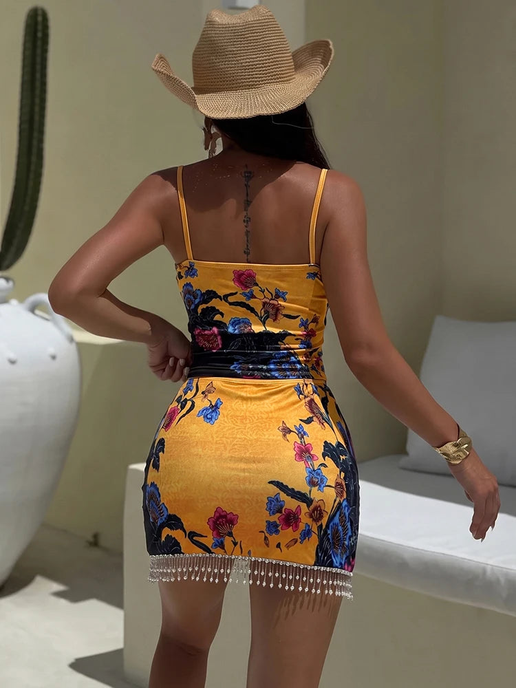 Guinevere Floral Fringe Beaded Mini Skirt Set Two-piece