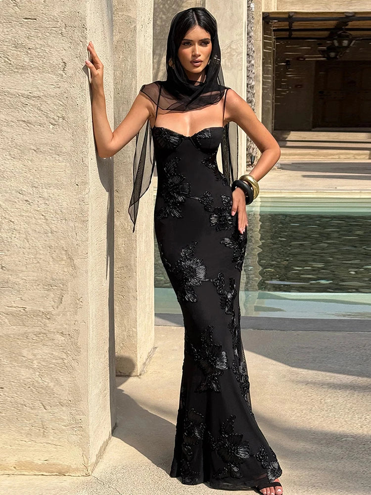 Isabella Spaghetti Strap Floral Embroidered Bodycon Maxi Dress