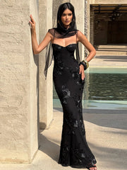 Isabella Spaghetti Strap Floral Embroidered Bodycon Maxi Dress