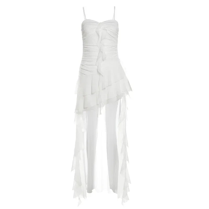 PixieKiki Y2k Sexy Mesh Ruffle Irregular High Low Dress White Black Sleeveless Long Dresses Summer Clothes Women 2024 P94-EZ30