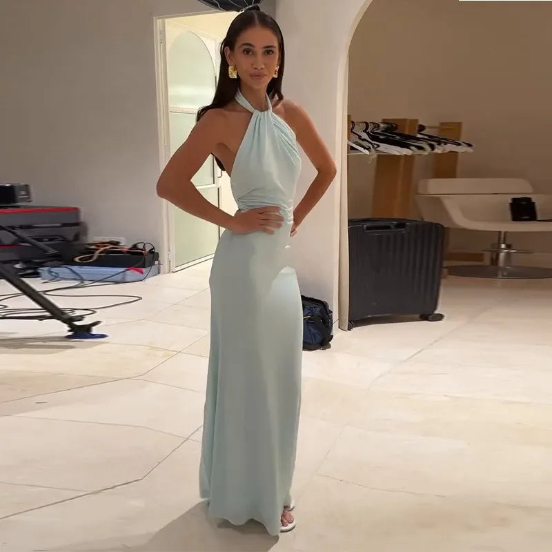 Alina Gold Pleated Halter Maxi Dress