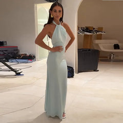 Alina Gold Pleated Halter Maxi Dress