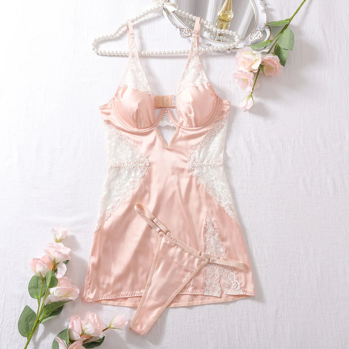 Ember Deep-V Satin Lace Slip Nightgown