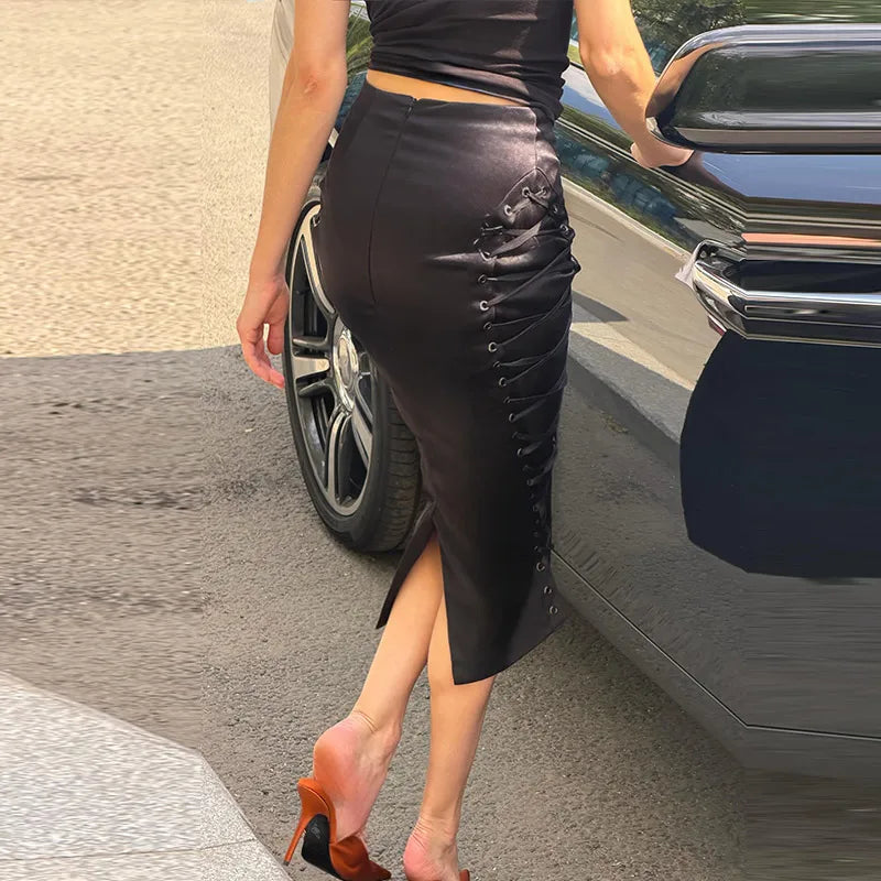 Dorota Side Lace-Up High-Waist Midi Pencil Skirt One-piece